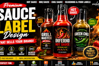design premium hot sauce BBQ sauce, chili sauce, seasoning label and food label