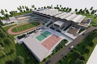 design indoor sports complex, basketball court, gym, and fitness center
