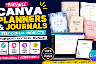 design editable canva planner, journal, workbook and etsy templates