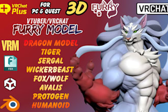 model, rig, texture custom 3d furry avatar for vrchat, vtuber, vseeface, animaze