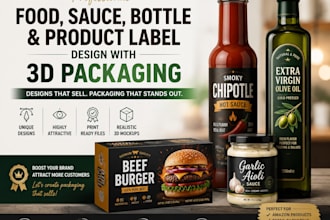 design food, sauce, bottle and product label with 3d packaging mockup