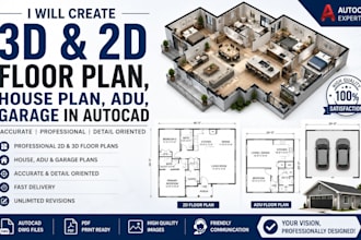 create 3d and 2d floor plan, house plan, adu, garage in autocad