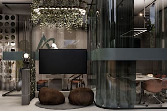design a cozy modern office interior with 3d rendering
