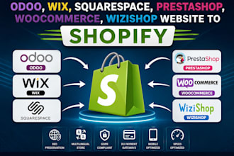 migrate prestashop wix squarespace odoo wizishop to shopify website migration
