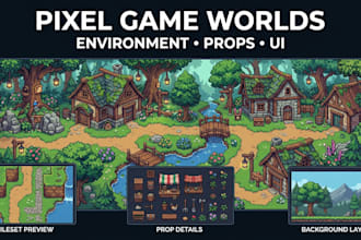 create pixel art game environments, props and UI UX assets for 2d indie games
