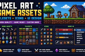 design pixel art game enviroment assets, tilesets, icons and game user interface