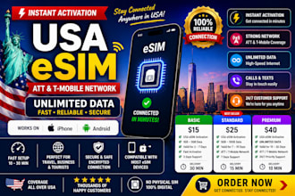 activate USA esim, att esim, t mobile esim instantly with unlimited data