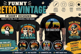 create funny cat and dog retro vintage tshirt designs for pod and merch