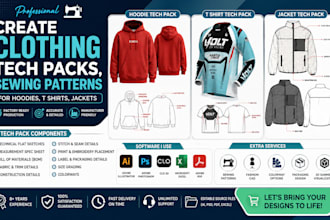 create clothing tech packs, sewing patterns for hoodies, t shirts, jackets