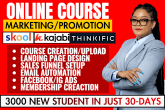 kajabi online course marketing, skool community setup thinkific course promotion