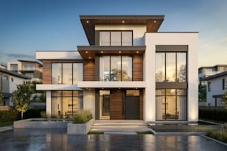 create exterior design, front elevation, house facade and realistic building