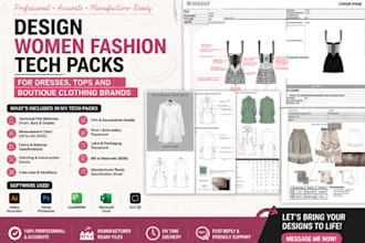 design women fashion tech packs for dresses, tops and boutique clothing brands