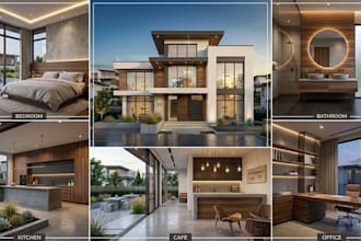 design bedroom, kitchen, bathroom, office and cafe interior visualization