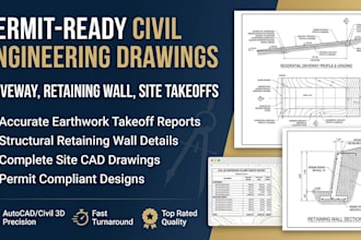 design civil engineering drawing, driveway, retaining wall, and takeoff plan
