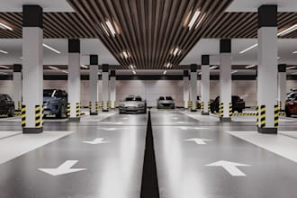 design a photorealistic 3d car park, car dealership showroom and parking area