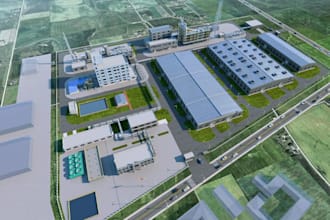 develop 3d industrial park, distribution center design, factory building render