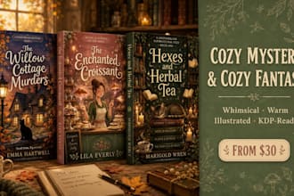 design a cozy mystery book cover with whimsical illustrated style for KDP