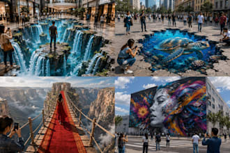 design stunning 3d floor illusion, anamorphic pavement art, wall and carpet