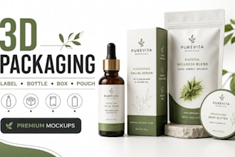 design 3d packaging, label design, bottle, box and pouch mockup for brands