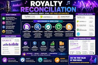 reconcile tunecore, distrokid or songtrust royalties, sync to quickbooks or xero