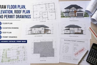 draw floor plan, elevation, roof plan and permit drawings