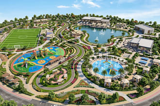 design landscape playground, 3d kids park render, resort, theme park walkthrough