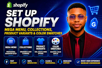 set up shopify mega menu, collections, product variants and color swatches