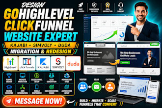 design gohighlevel clickfunnel website or migrate website to kajabi simvoly duda