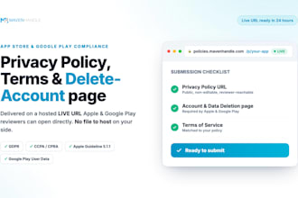 create and host a privacy policy, terms and delete account page for your app