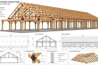 do construction drawing, timber frame, wood frame for barndominium and rendering