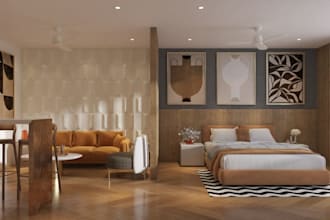 do studio apartment interior, home office, mini cafe, modern kitchen, bedroom