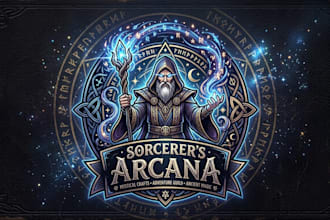 design a mystical sorcerer logo for fantasy brands, games, and creative projects