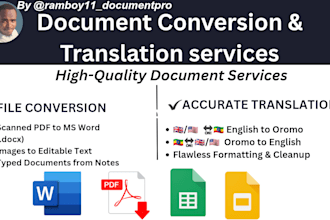 convert pdf or images to editable docx and translate english to oromo