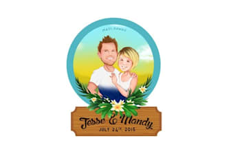 design custom hawaiian wedding logo with caricatures