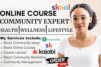 create skool online course content, skool community setup, community promotion