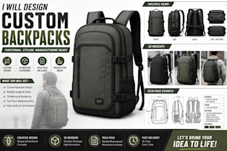design backpack tote and duffel bag with detailed tech pack and mockup