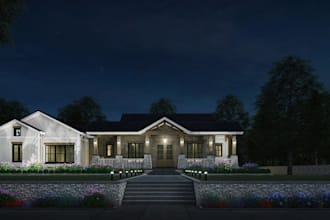 design 3d brandominium, farmhouse, tiny house, ranch, facade rendering
