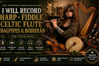 play harp, fiddle, celtic flute, bagpipes and bodhran for your song