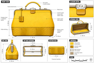 design bag concepts and detailed tech pack for handbags, backpacks, totes, purse
