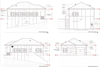 draft permit elevation plan, autocad sectional drawing, roof layout plan design
