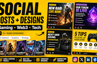create gaming tech and crypto social media posts with designs and captions