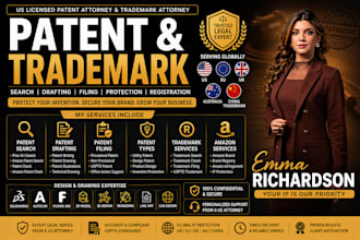 patent search, patent drafting, patent filing, trademark search