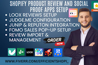 setup shopify loox fomo judge me reputon junip doran trustify rocket trustshop