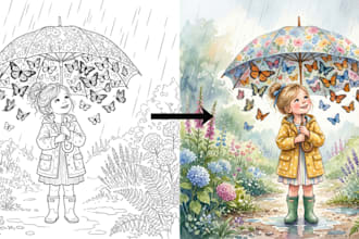create watercolor childrens book illustrations and line art