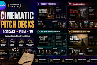 design cinematic podcast pitch deck, film and TV presentation with canva