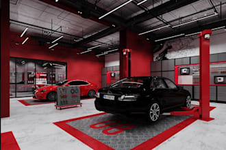 remodel retail showroom,modern garage interior,car workshop,commercial rendering
