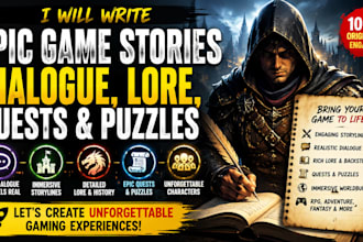 write creative game story character lore video game dialogue quest puzzle