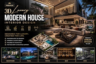 3d luxury modern house interior design including backyard, pool, patio, bar, gym