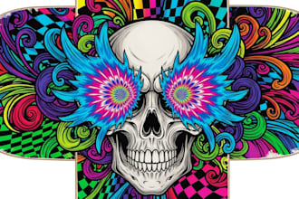 design artwork psychedelic, comic, skull for skateboards