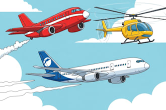 draw airplane, aircraft, helicopter into a vector cartoon